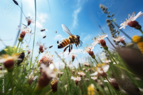 Bees in booming wild flower field in Spring.
