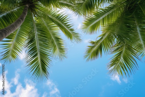 Beautiful overhead palm tree leaves pattern and blue sky. Summer tropical vacation concept.