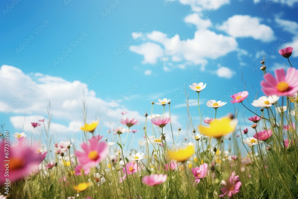 Wild flower field in wild with variable colors in Spring. Spring seasonal concept.