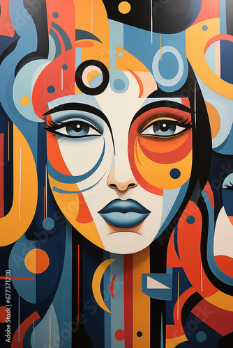 Vibrant Abstract Portrait with Bold Graphic Patterns and Serene Faces