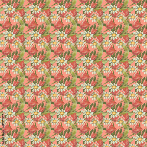 A pattern of tulips and daisies on a light coral  pink background...Seamless floral pattern  red  pink tulips  white daisies on a coral background. 