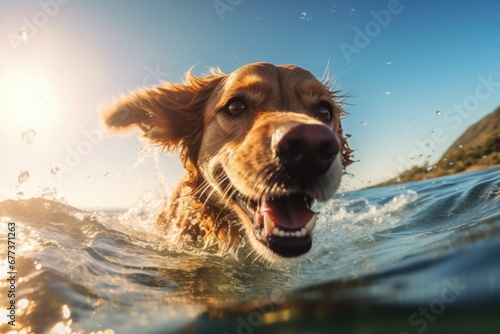 Cute dog swim in water at sunset.