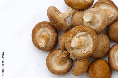 Fresh shiitake mushrooms on white background.