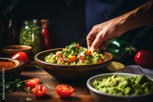 A close-up of hands preparing fresh guacamole and salsa, emphasizing the culinary delights of Cinco de Mayo, creativity with copy space