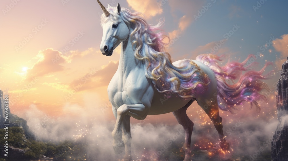 Naklejka premium Vibrant and powerful fantasy unicorn illustration, radiating a bright, colorful presence as a captivating and whimsical creature.