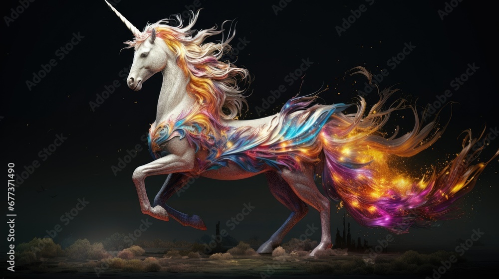 Vibrant and powerful fantasy unicorn illustration, radiating a bright, colorful presence as a captivating and whimsical creature. Vibrant and powerful fantasy unicorn illustration, radiating a bright, colorful presence as a captivating and whimsical creature.