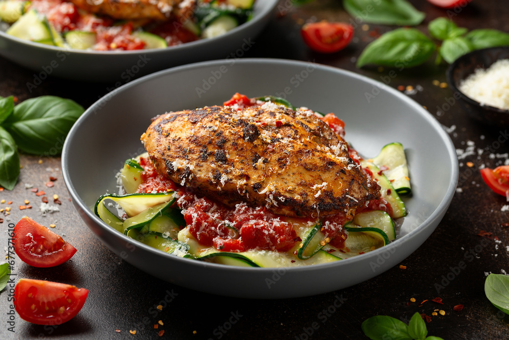 Healthy Chicken zucchini pasta with tomato sauce. Low carb, keto diet Healthy Chicken zucchini pasta with tomato sauce. Low carb, keto diet