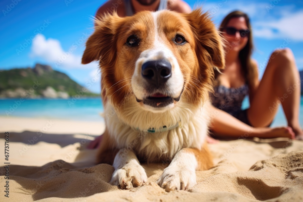 A dog with a happy young couple at beach on vacation.