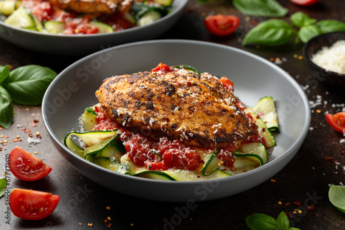 Healthy Chicken zucchini pasta with tomato sauce. Low carb, keto diet