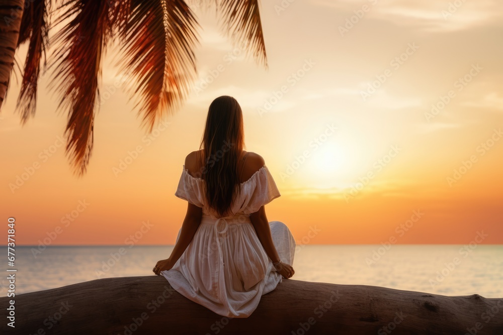 Lovely graceful lady sit by beach at sunset with beautiful seascape. Summer tropical vacation concept. Lovely graceful lady sit by beach at sunset with beautiful seascape. Summer tropical vacation concept.