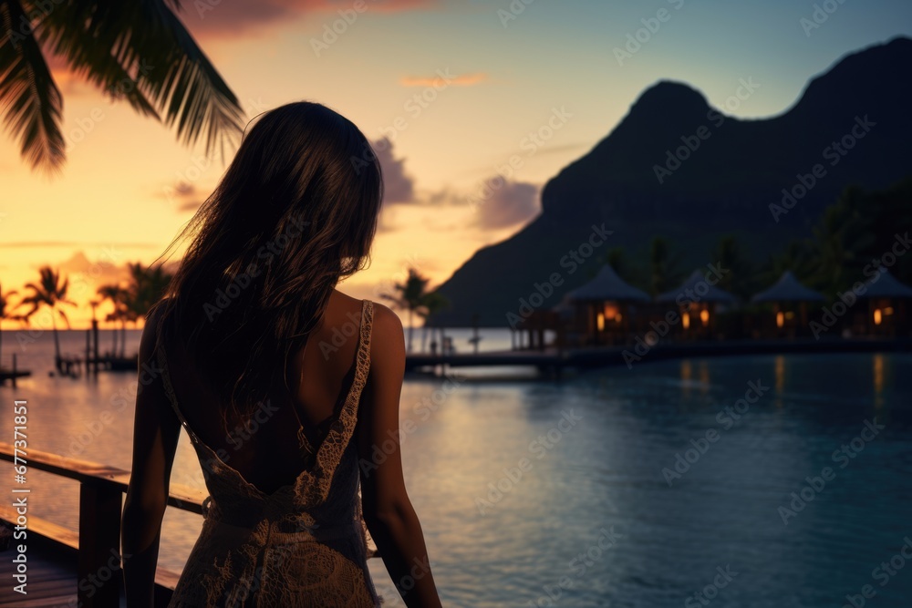 Lovely graceful lady in long skirt in a luxury resort at dusk with beautiful seascape. Summer tropical vacation concept.