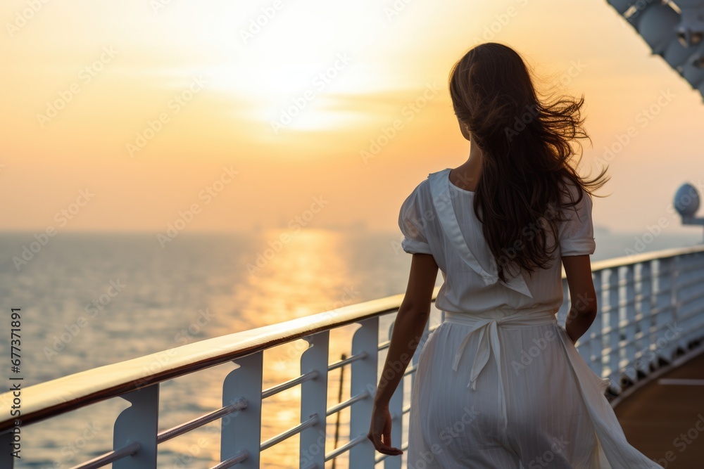Fototapeta premium Back view of a graceful lady on cruise ship. Vacation travel concept.