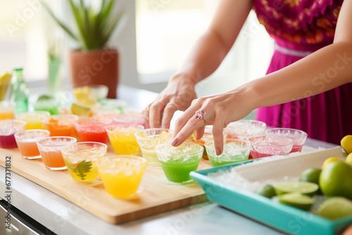 A close-up of hands crafting a  Cinco de Mayo DIY Margarita Bar   allowing guests to customize their drinks  creativity with copy space