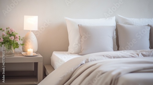 A bed with white pillows and a vase of flowers  creating a serene and inviting atmosphere.