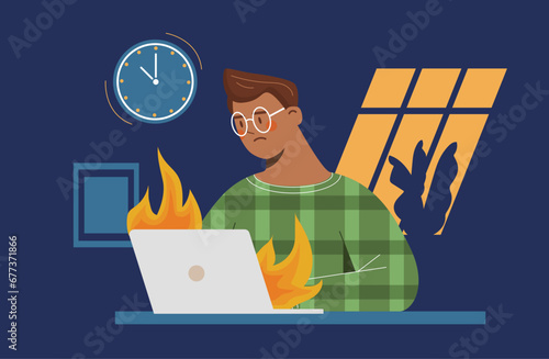Man with deadline concept. Young guy sitting at burning laptop. rogrammer or IT specialist late with project. Goal, task setting and time management. Cartoon flat vector illustration