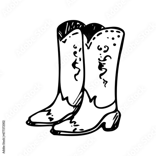 Cowboy boots freehand vector illustration. Hand drawn shoes, cowboy theme wild West concept, western,shepherd life. Design element for print t-shirt, paper, logo, card, poster, template, backdrop