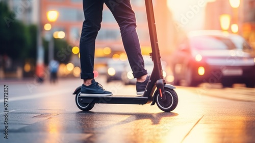 A person riding an electric scooter on a city street. © OKAN