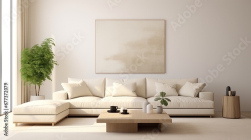A contemporary living room with white furniture and a painting on the wall.