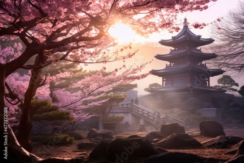 Traditional Japanese style temple building in pink cherry blossom woods in Spring. Spring seasonal concept.