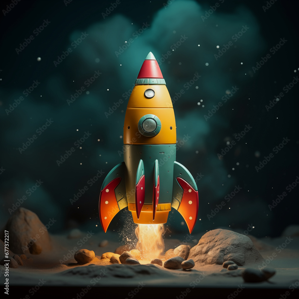 illustration of a 3d rendering of a cute yellow and green rocket starting in a night sky