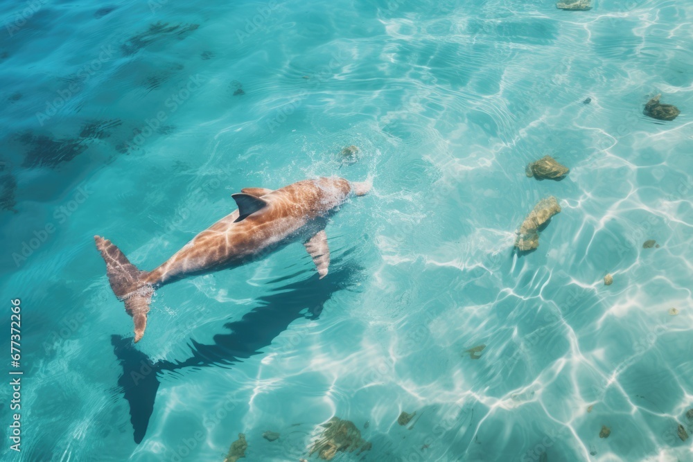 A dolphin swimming underwater in tropical ocean A dolphin swimming underwater in tropical ocean