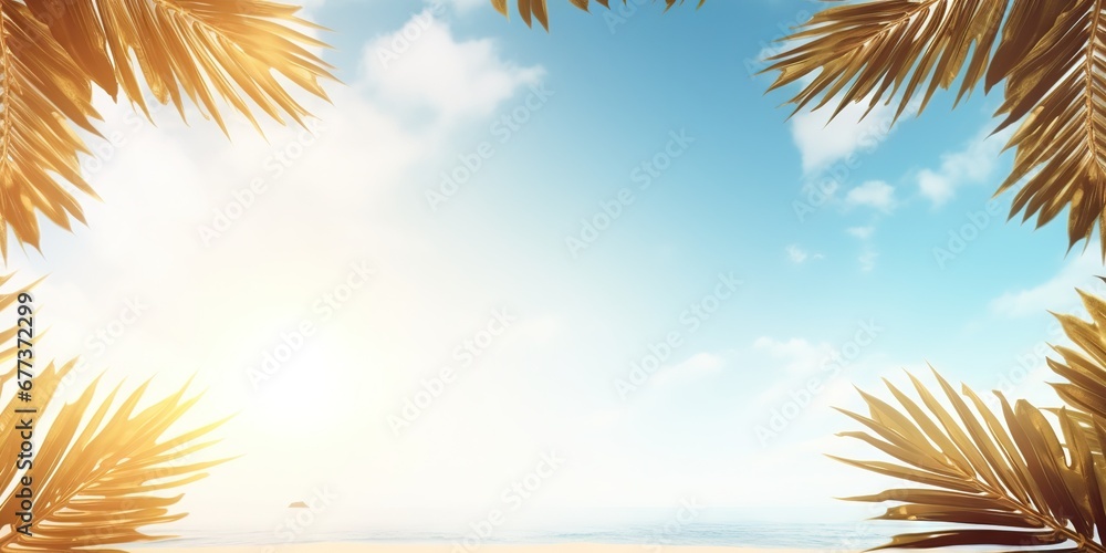 Golden Beach Paradise Under Sunlit Palm, Generative AI