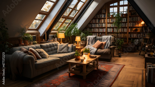 Cozy living room interior with library, vintage aesthetic, plants in flower pots and hardwood floors.