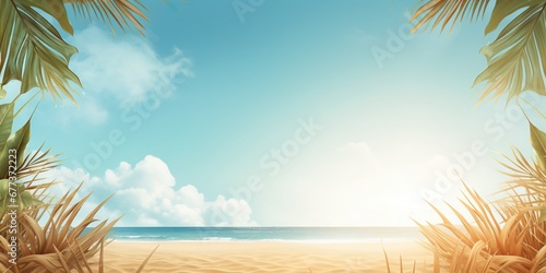 Tropical Bliss Golden Beach with Sunlight and Palm, Generative AI