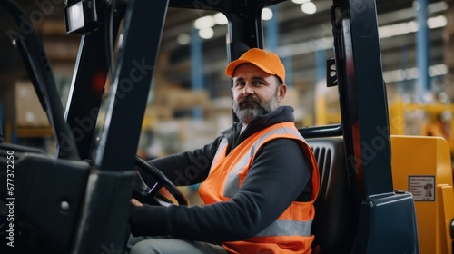 A man in an orange jacket and vest drives a forklift transporting supplies in a warehouse. photo