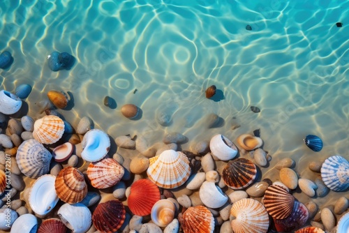 Close-up view of colorful shells in sea water. Summer tropical vacation concept.