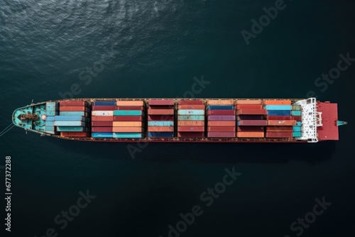 aerial veiw of a cargo ship loaded with cargo container box in sea.