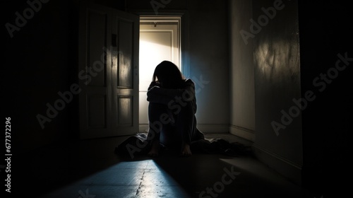 A woman sitting in an empty room, illuminated by the light streaming in from the open door.