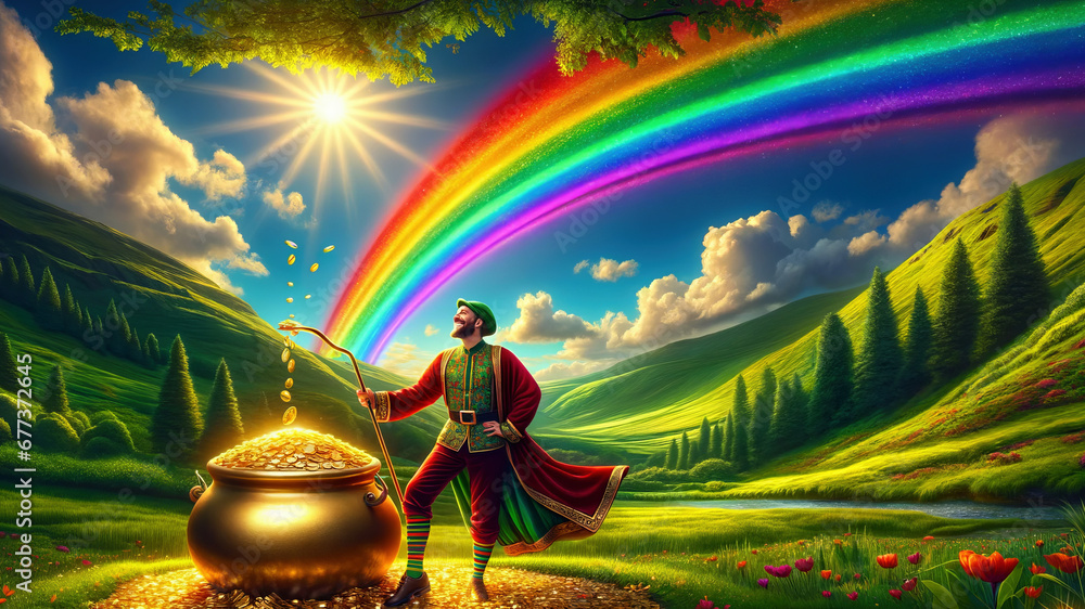 A man in traditional attire beside a gold pot at a rainbow's end in a lush valley, radiating joy and luck.Generative AI - obrazy, fototapety, plakaty 