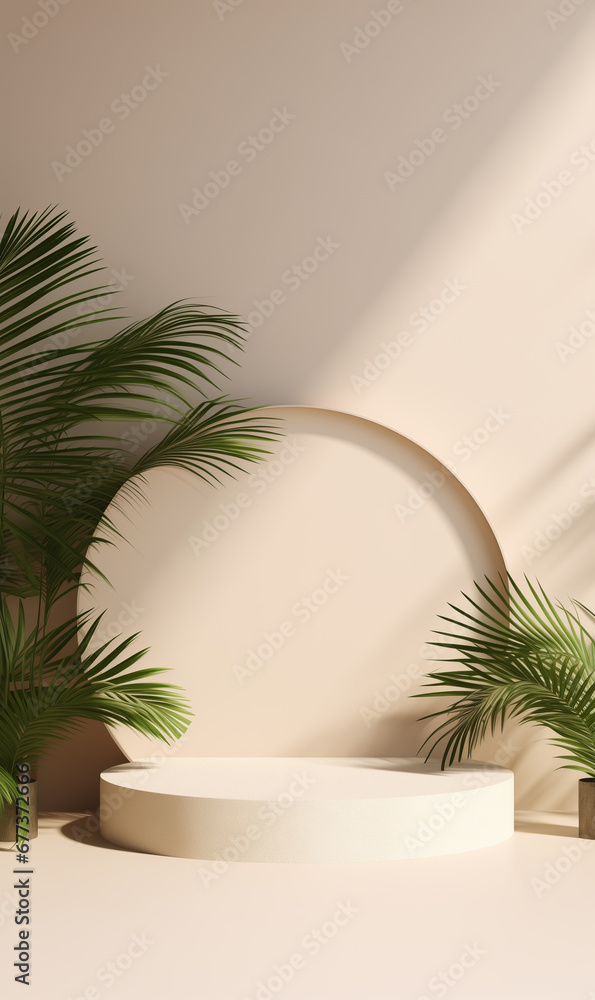 Branches with green leaves at edge on concrete wall. Stylish background. Advertising board mockup for design, product. Empty template with podium concrate background, green exotic foliage, palm leaves Branches with green leaves at edge on concrete wall. Stylish background. Advertising board mockup for design, product. Empty template with podium concrate background, green exotic foliage, palm leaves