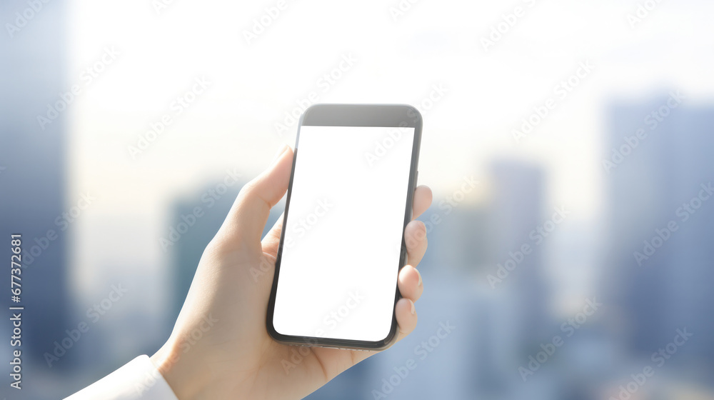 Smartphone held in hand against city backdrop. Smartphone held in hand against city backdrop.
