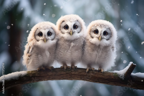 Three lovely cute owl stand together on tree in Winter with snow.