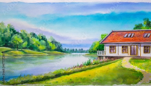 Colorful bungalow house by the lake painting in watercolor style. © CreativeStock