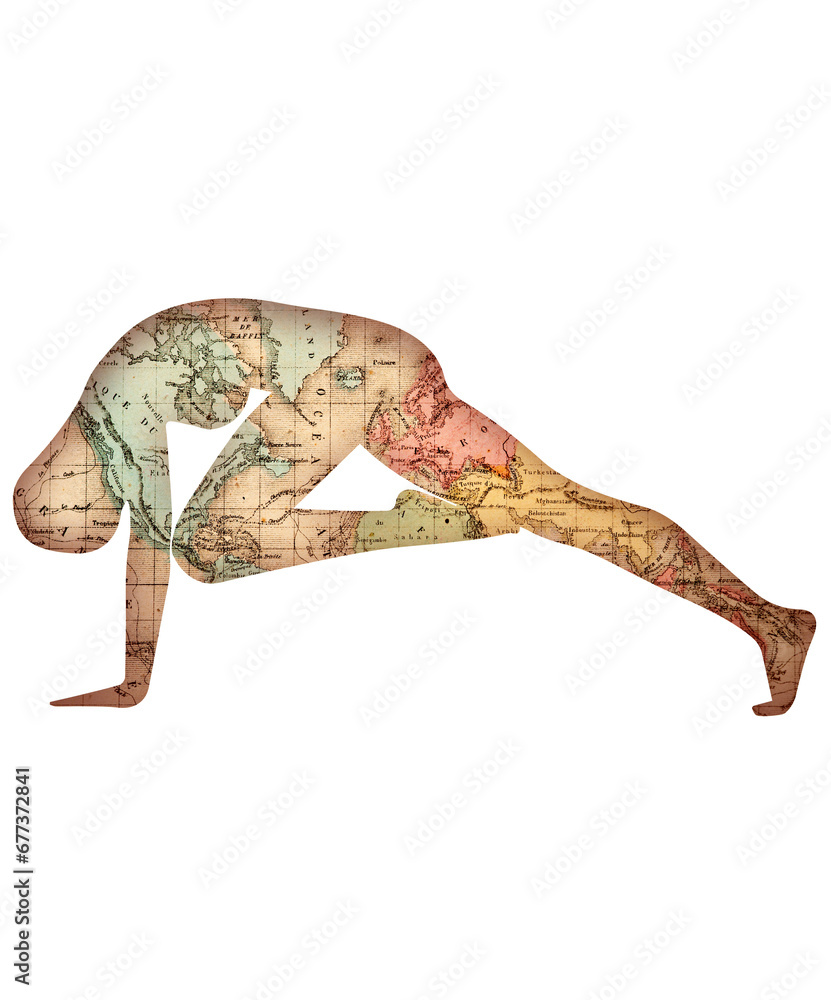 yoga illustration with an ancient world map, yoga pose silhouette, great for yoga websites, print on demand products, yoga art, yoga compositions, yoga paintings, yoga blogs... with vintage style.