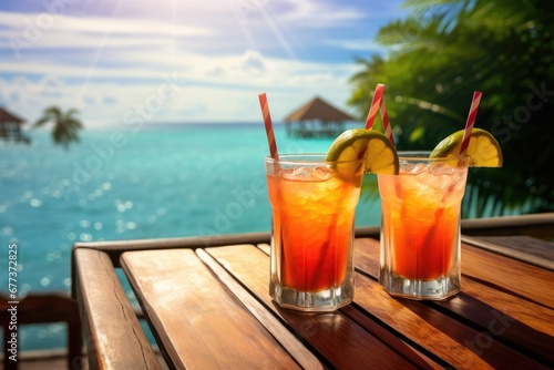 Cocktail wine glasses in luxury resort with beautiful seascape on beach. Summer tropical vacation concept.