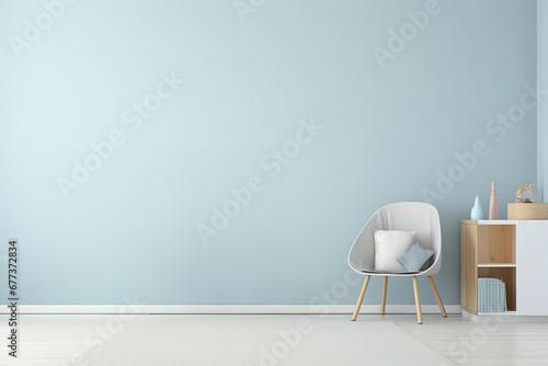 A soft powder blue wall children's room and an arm-chair in the corner. Copy space.