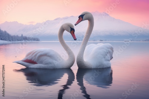 Two swan in lake in winter with snow at sunrise.