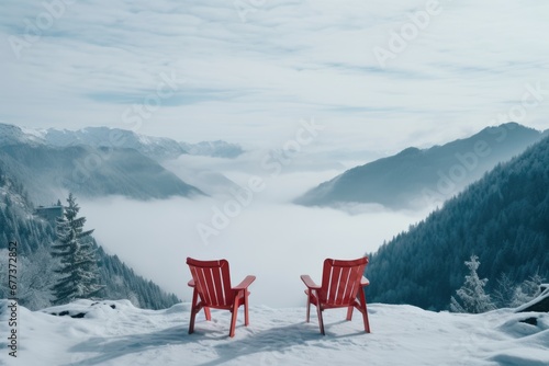 Two red chairs on mountain top with fog snow and ice. Winter seasonal concept. © rabbit75_fot