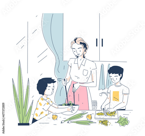 Family cooks at home doodle concept. Woman with boy and girl. Routine and household chores. Preparation of salad. Social media sticker. Cartoon flat vector illustration isolated on white background