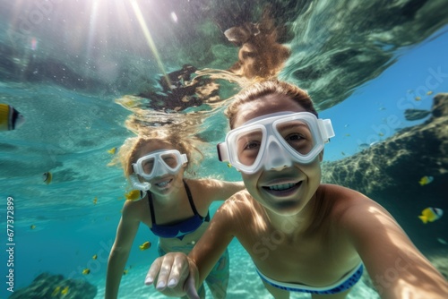 Close-up view of people snorkeling in sea. Water sports. Summer tropical vacation concept. photo