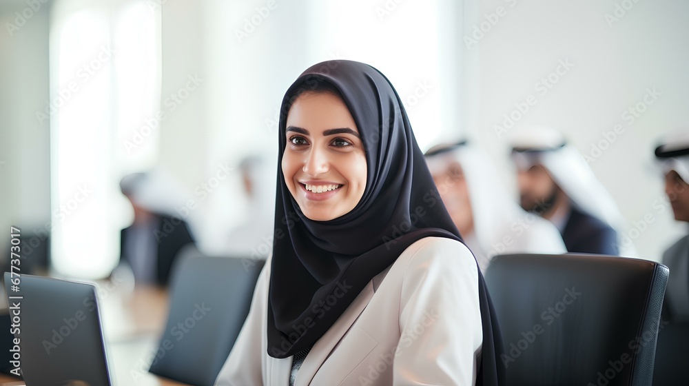 Young happy Arab business woman worker or student sitting at meeting table listening attentively at work office meeting, education training class or conference event. generative AI Young happy Arab business woman worker or student sitting at meeting table listening attentively at work office meeting, education training class or conference event. generative AI