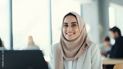 Young happy Arab business woman worker or student sitting at meeting table listening attentively at work office meeting, education training class or conference event. generative AI