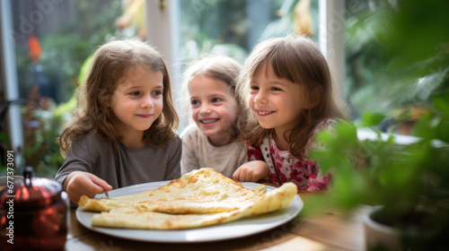 enfants qui mangent des crêpes assis autour d'une table photo