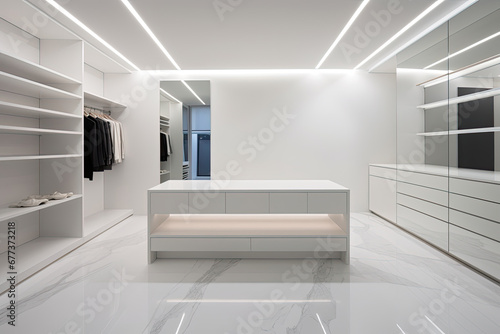 A minimalist white dressing room with vacant shelves and a sleek design. Bright LED strips illuminate white cabinetry.