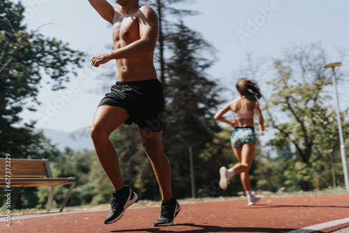 Fit Caucasian couple, joggers and runners, enjoy sunny day in park. They train outdoors, sprinting on race track, aiming for better body shape, strong muscles, and positive results.