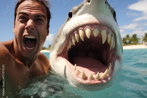 A terrified swimmer takes a selfie with a huge shark